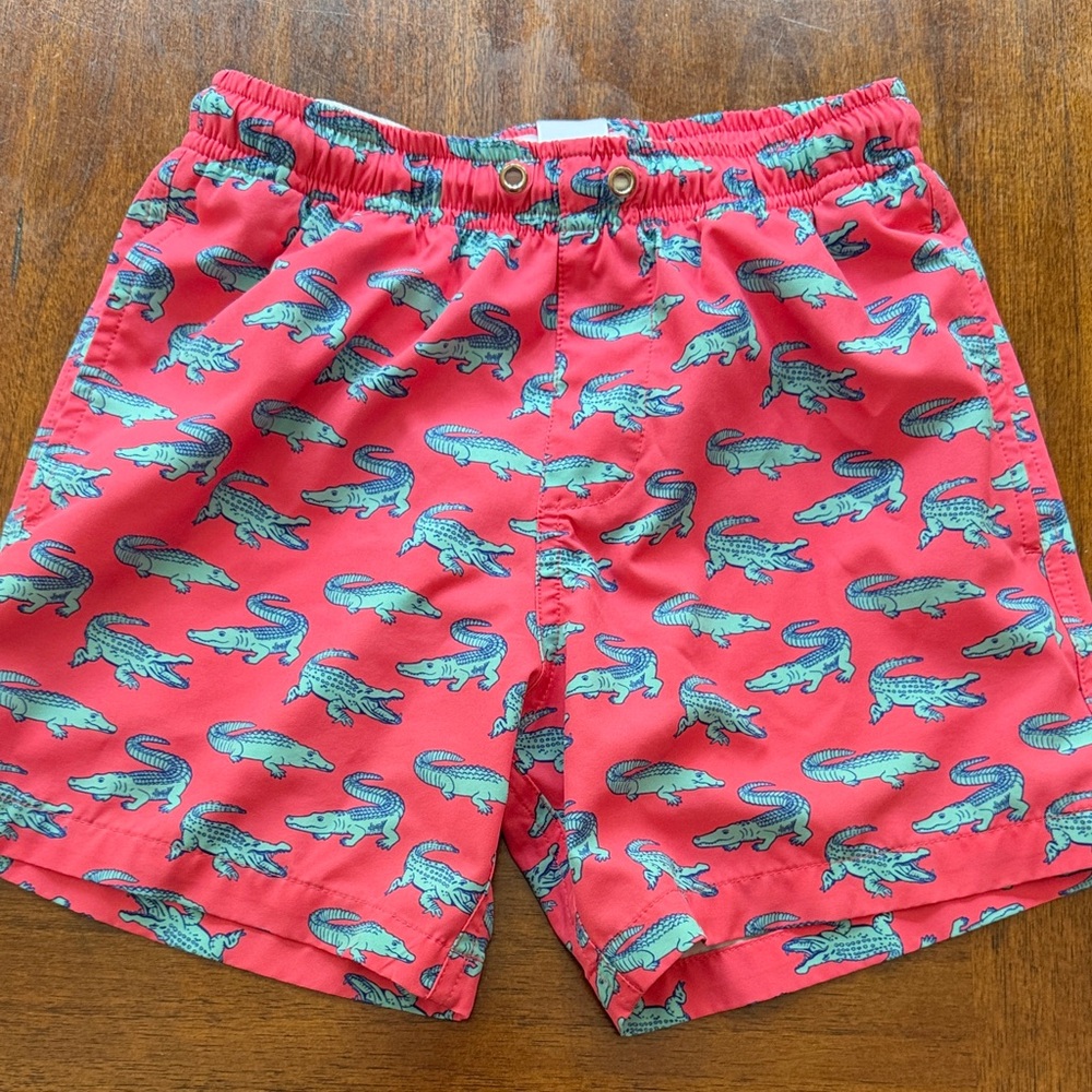 Boys Coral Swim Trunks with Teal Alligator Print